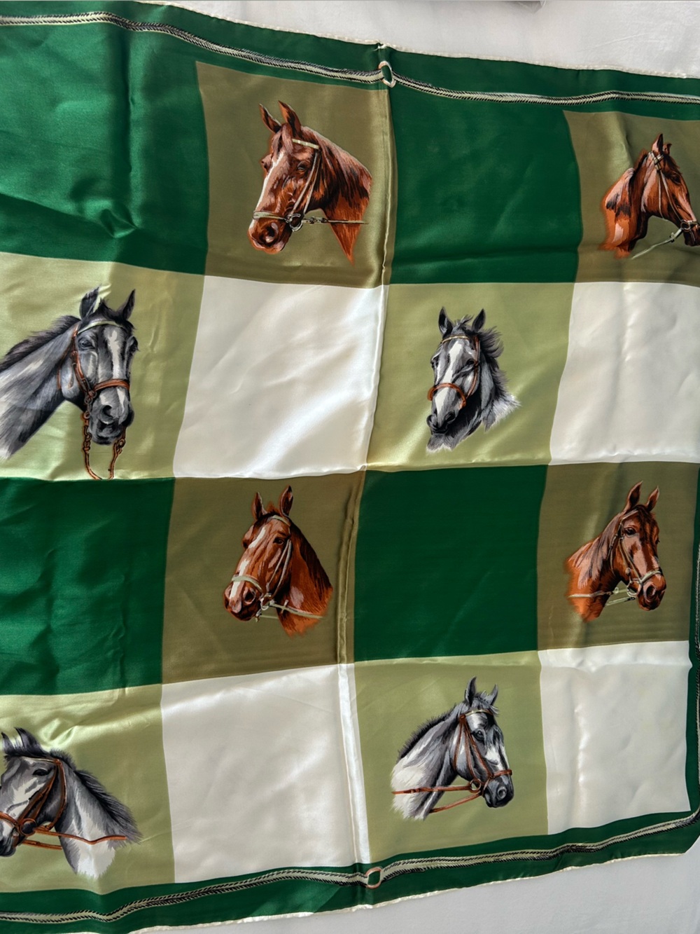 Horse Silk Scarf in Green White Brown Equestrian.

Beautiful condition